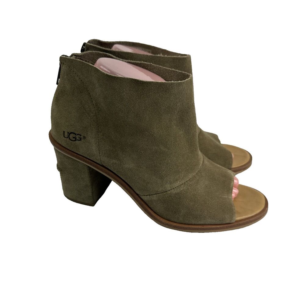 Ugg Ginger Open Toe Bootie Green Suede Block Chunky Heel Sandal 1019996 Womens 9